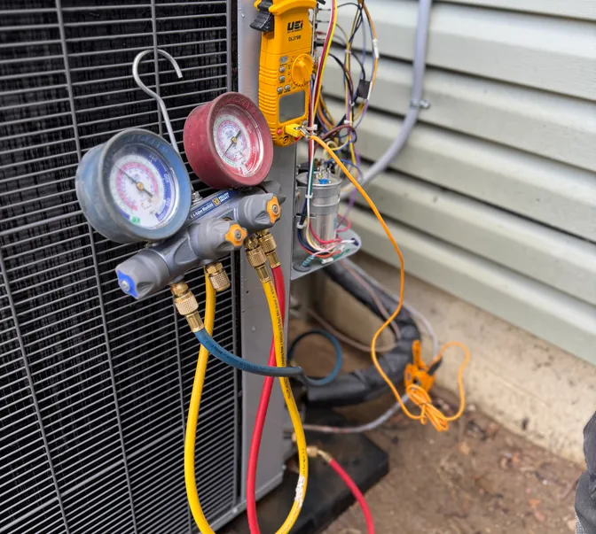 Manifold gauges and clamp meter hooked up to an air conditioner by BreezeTech Heating and Cooling