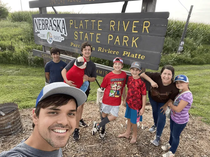 The family at the Platte River State Park sign